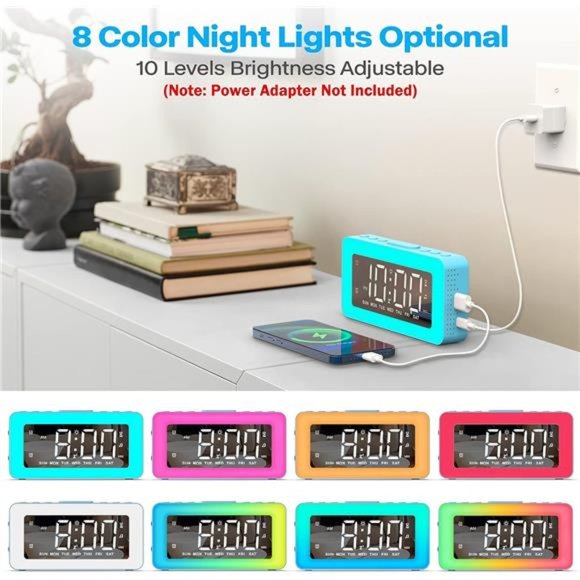 RGB Night Light Alarm Clock for Kids Teenagers Adults Mirrored Clock Dual Alarms - Picture 6 of 6